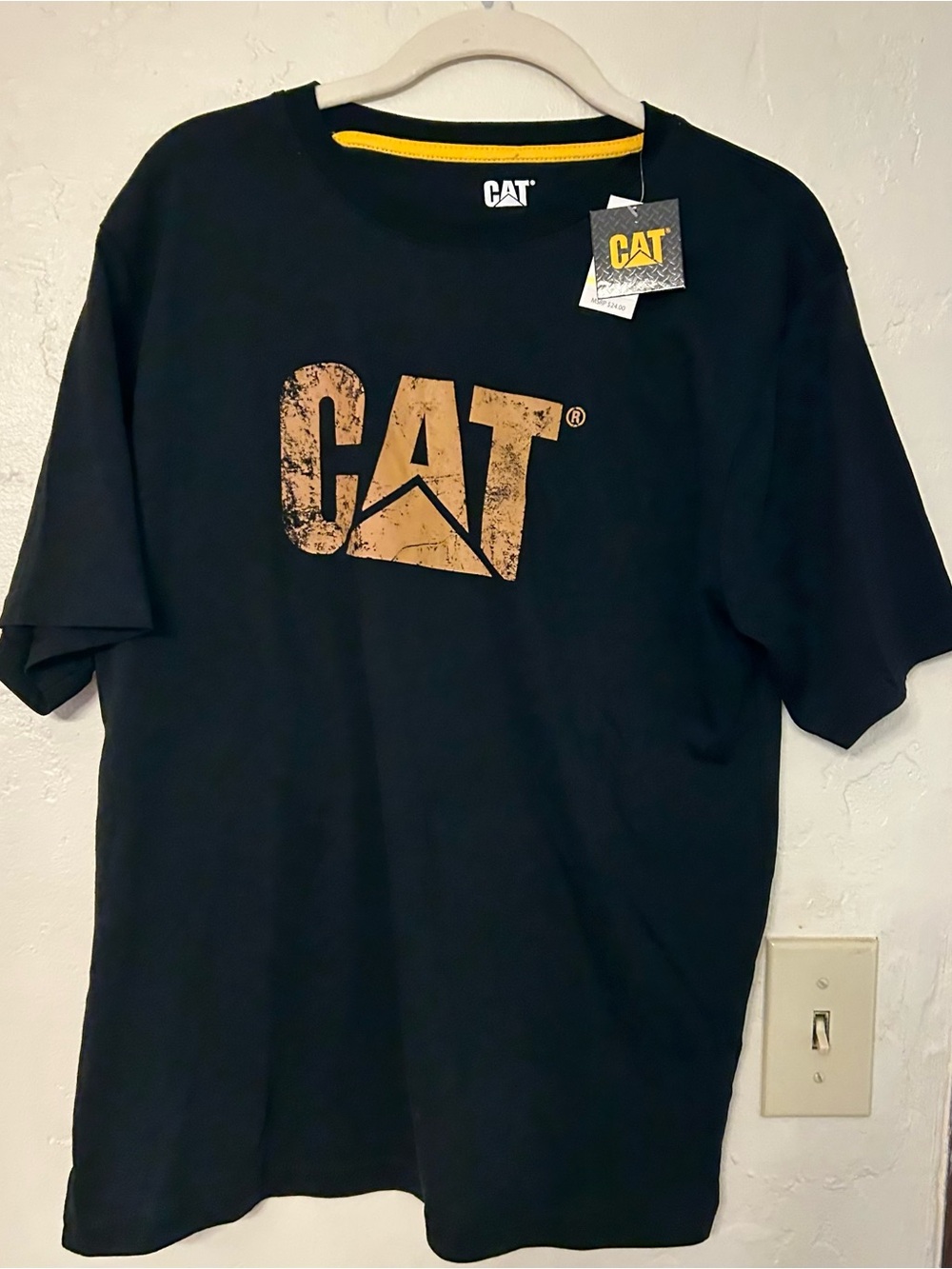 CAT Black Short Sleeve Tee with Distressed Gold Logo